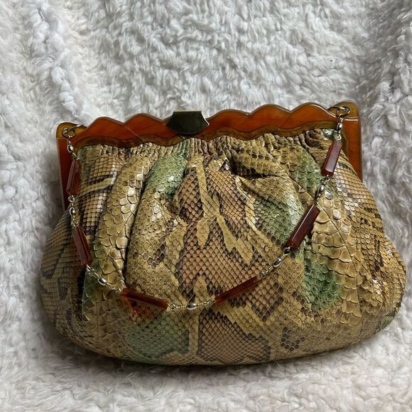Vintage Colombetti Milano  Python snake skin shoulder Bag Lucite frame - Picture 8 of 14